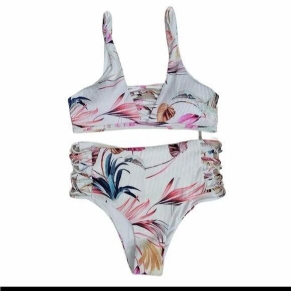 TiniBikini floral white textured strappy high waisted Women's 2 piece Bi… - Picture 10 of 10